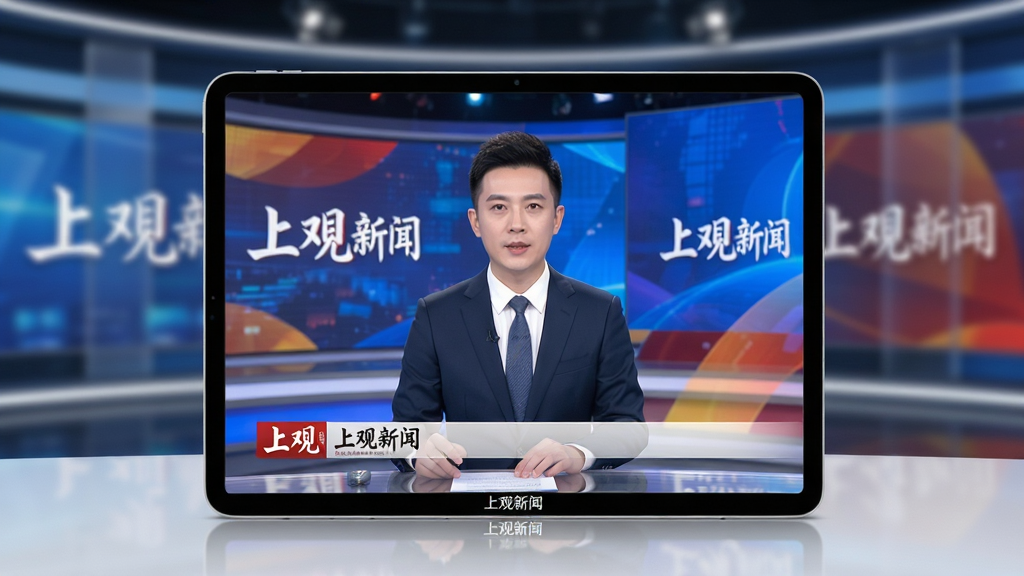主体:一个平板电脑横屏播放着“上观新闻”的视频直播画面,画面中是一位新闻主播。布局:平板电脑占据画面主体,背景为带有“上观新闻”LOGO的演播室虚化效果。排版:画面干净,突出视频播放界面。风格:科技感与现代感结合。细节:视频画面色彩鲜艳,主播形象清晰,平板下方有“上观新闻”字样。画质:超清,干净,无多余元素。