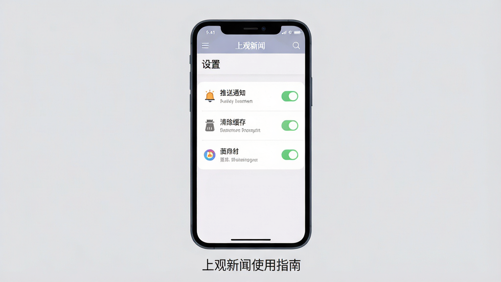 主体:一部智能手机屏幕显示“上观新闻”应用内的“设置”页面,页面有“推送通知”、“清除缓存”等选项。布局:手机居中,背景为纯色浅灰。排版:手机下方配有一行小字“上观新闻使用指南”。风格:扁平化插画风格。细节:设置选项用图标与文字结合展示,清晰易读。画质:4K高清,干净,无多余元素。