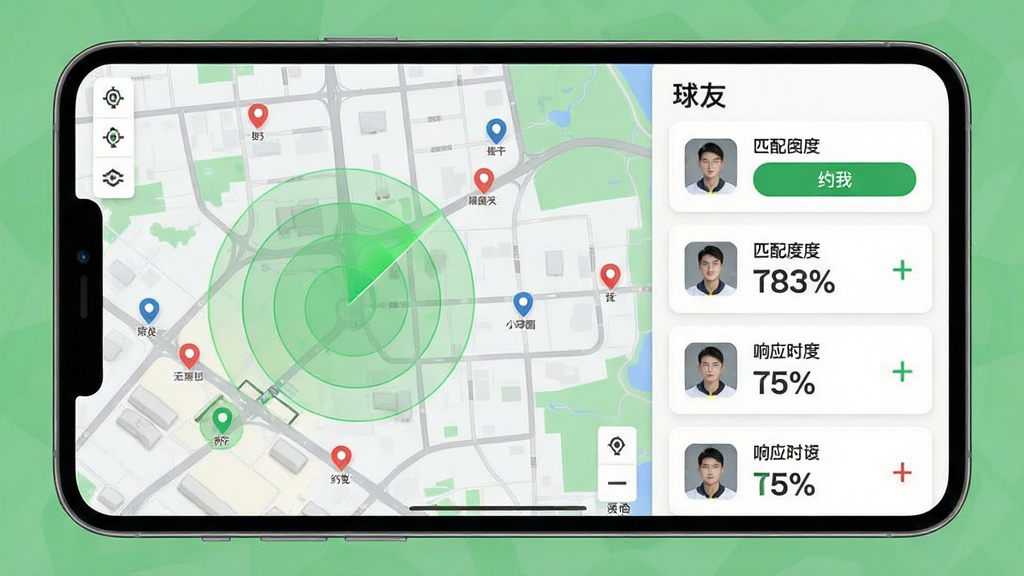 小球圈智能匹配功能界面示意,主体为地图模式与球友卡片列表,布局左右分栏,地图上显示球场坐标与绿色信号雷达圈,右侧卡片含“约我”按钮,排版清新,风格写实结合扁平,细节展示匹配度百分比与响应时长,画质干净,无多余元素