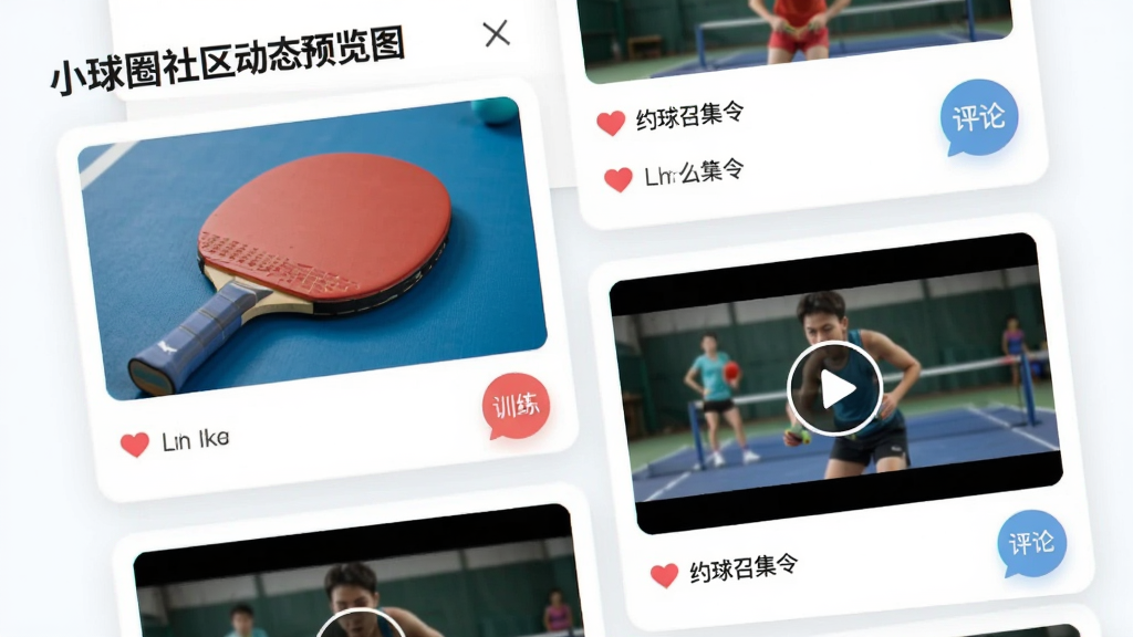 小球圈社区动态预览图,主体为瀑布流卡片式信息列表,包含球拍照片、训练视频封面与约球召集令,布局错落有致,排版杂志化,风格清新活力,细节显示小红心点赞数与圆形评论气泡,画质通透干净,无多余元素