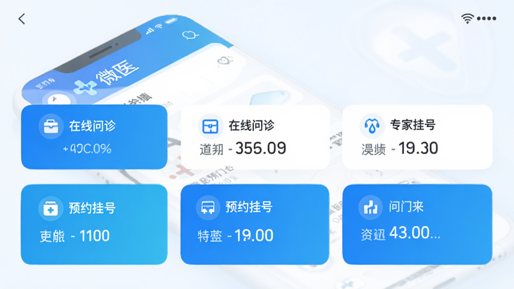 微医APP主界面预览图,展示清晰的医疗服务平台界面,包含在线问诊、预约挂号、专家门诊等核心功能模块,整体设计简洁现代,以蓝色和白色为主色调,背景干净,图形界面元素高清细腻,整体画质清晰,无多余元素