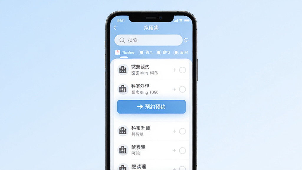 微医预约挂号功能界面图,手机屏幕上展示医院列表和科室选择页面,界面布局清晰,有搜索栏和筛选选项,背景为淡蓝色渐变色,高亮显示一个医院的预约按钮,整体风格扁平化设计,色彩柔和,画质高清,无多余元素