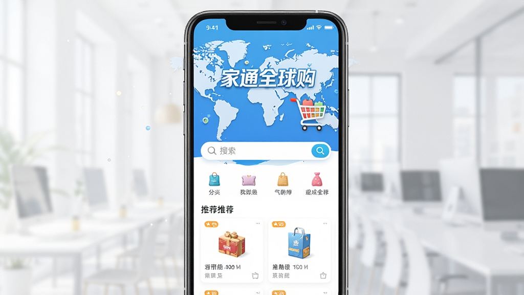 主视觉展示家通全球购APP在手机屏幕上的界面,界面有“家通全球购”文字标识,背景是世界地图与购物车元素,布局居中,排版简洁现代,风格清新明亮,细节包括商品分类图标、搜索栏、推荐商品卡片,画质高清干净,无多余元素