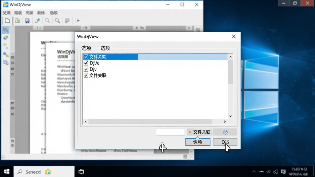 主体:WinDjView软件运行在Windows 10桌面上,界面显示“选项”设置对话框,鼠标正在点击“文件关联”选项。布局:对话框位于屏幕中央,背景有软件主窗口和半开文档。排版:对话框内列表清晰。风格:商务简洁,浅色主题,柔和阴影。细节:标题栏文字“WinDjView”,复选框已勾选“DjVu”和“Djv”。画质:高清,干净,无多余元素。