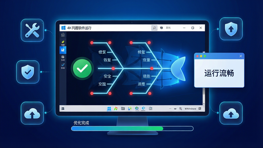 主体:鱼骨软件运行在Windows 11系统上,屏幕中展示一个完整的鱼骨图,旁边有一个对勾图标表示安装成功。布局:电脑屏幕居中,周围环绕着几个小图标代表问题解决方案,如扳手(修复)、盾牌(安全)、云朵(备份)。排版:屏幕下方有进度条表示优化完成,右侧有浮动小窗显示“运行流畅”。风格:科技感插画,背景为深蓝色渐变,线条发光。细节:鱼骨图的每个分支末端有小红点,屏幕边缘有光晕效果。画质:4K超清,干净,无多余元素。