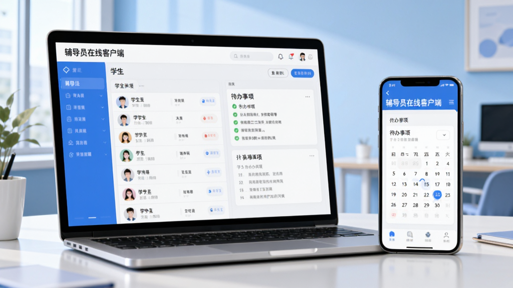 高清数字绘画风格,展示辅导员在线客户端在笔记本电脑和手机上的界面预览,主屏幕显示学生列表、待办事项和日历提醒,背景为现代简约办公室场景,浅蓝色主色调,界面设计清爽整洁,突出“辅导员在线客户端”字样,光线明亮,细节丰富,画质清晰,干净无多余元素