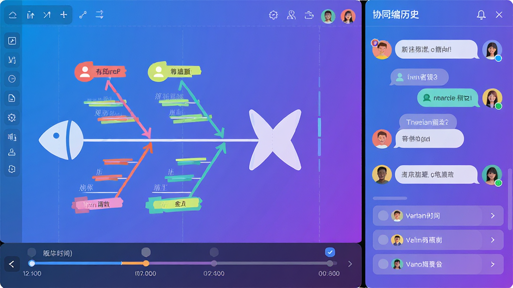 主体:屏幕分屏显示鱼骨图编辑器与聊天窗口,多个头像气泡出现在画布右侧表示协同者位置。布局:左侧是鱼骨图编辑区,右侧是协作面板,底部有版本时间轴。排版:头像以彩色圆环显示,聊天消息以气泡形式排列,版本历史以列表展示。风格:现代协作软件界面风格,色彩明亮但不刺眼,主色为蓝紫色渐变。细节:鱼骨图上有不同颜色的高亮笔迹,代表不同用户的编辑,时间轴节点可点击。画质:超清,干净,无多余元素。