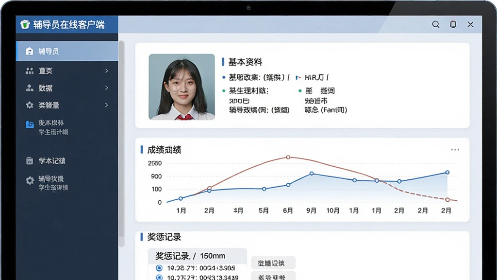 展示辅导员在线客户端的学生档案详情页,左侧为分类菜单,右侧为某位学生的完整信息卡片,包含照片、基本资料、成绩曲线和奖惩记录,界面为浅色调,卡片式布局,数据清晰,屏幕上方有“辅导员在线客户端”字样,画质高清,干净整洁