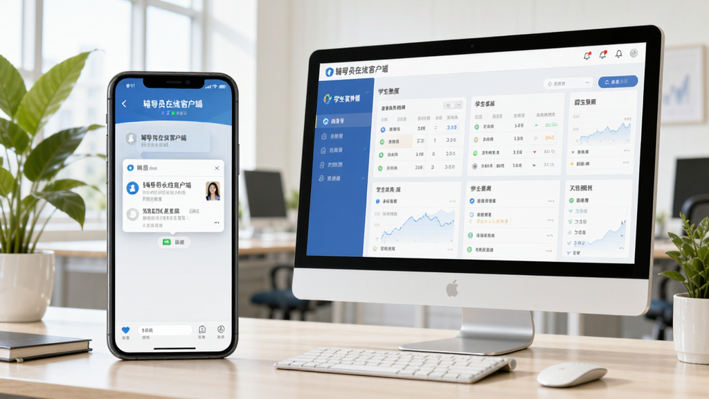 展示辅导员在线客户端在手机和电脑上的同步使用场景,手机屏幕显示消息推送,电脑屏幕显示学生数据看板,背景为明亮的办公室环境,有绿色植物,风格写实,突出“辅导员在线客户端”界面,画质高清,细节丰富
