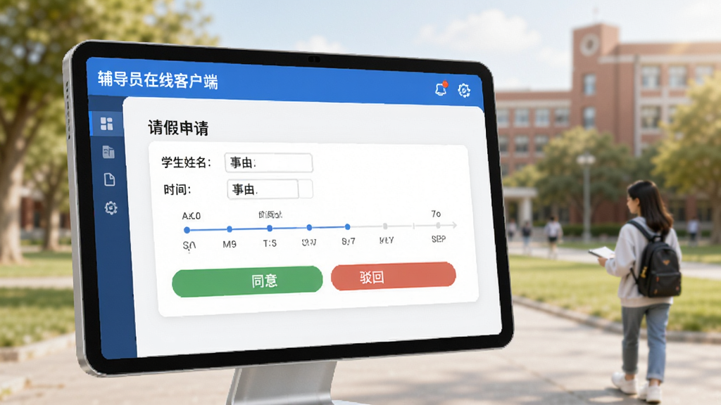 展示辅导员在线客户端的事务审批界面,屏幕上显示一个请假申请单,包含学生姓名、事由、时间轴和“同意”与“驳回”按钮,背景为模糊的校园场景,界面风格简洁现代,突出“辅导员在线客户端”品牌标识,画质清晰,光线柔和