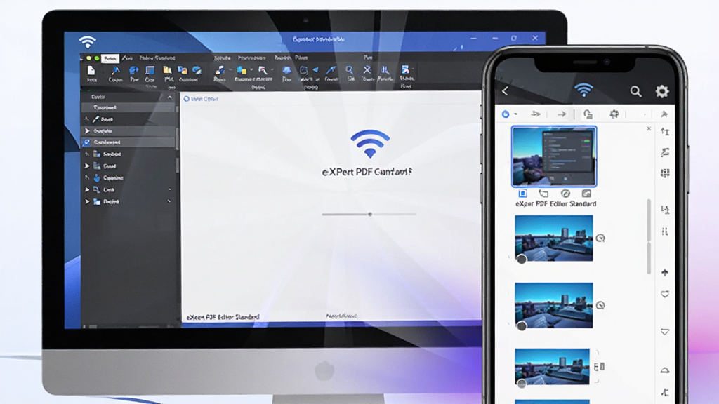 ����Ϊ������Ļ���ֻ���Ļ����չʾeXPert PDF Editor Standard�������棬���Զ���ʾ�������˵����ֻ�����ʾ����ͼ������������Ϊ���ҷ����Ա���ʽ���Ű�ͻ����ͬ�豸�������Ű棬���Ϊ�ִ����ֲ�Ʒͼ�������Ͻ����Ч��ϸ�ڰ�����Ļ���⡢WiFi����ͼ�꣬���ʸ���ɾ��޶���Ԫ��