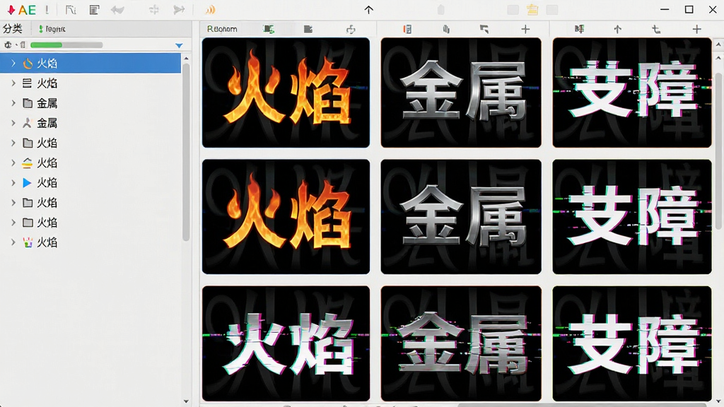 画面主体为AE艺术字软件界面截图风格,左侧是分类列表,右侧网格展示各种“火焰”、“金属”、“故障”等字样的动态效果缩略图。布局规整,排版清晰。风格为扁平化UI设计,色彩明快,画质干净,无多余元素,界面文字清晰。