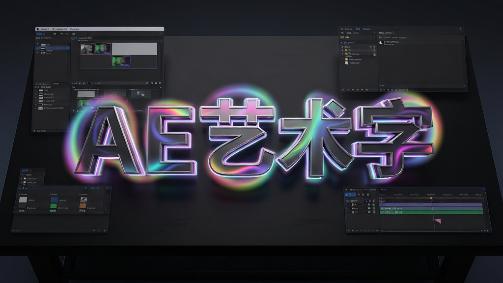 画面主体为一块巨大的深色工作台,中央悬浮着由金属质感与霓虹光效构成的“AE艺术字”立体字样,字体表面流动着彩色渐变光晕。周围环绕半透明的After Effects界面图层与时间线元素,布局采用中央对称,字体占据视觉核心。风格为现代科技感3D渲染,细节丰富,画质高清干净,无多余杂物,文字清晰可读。