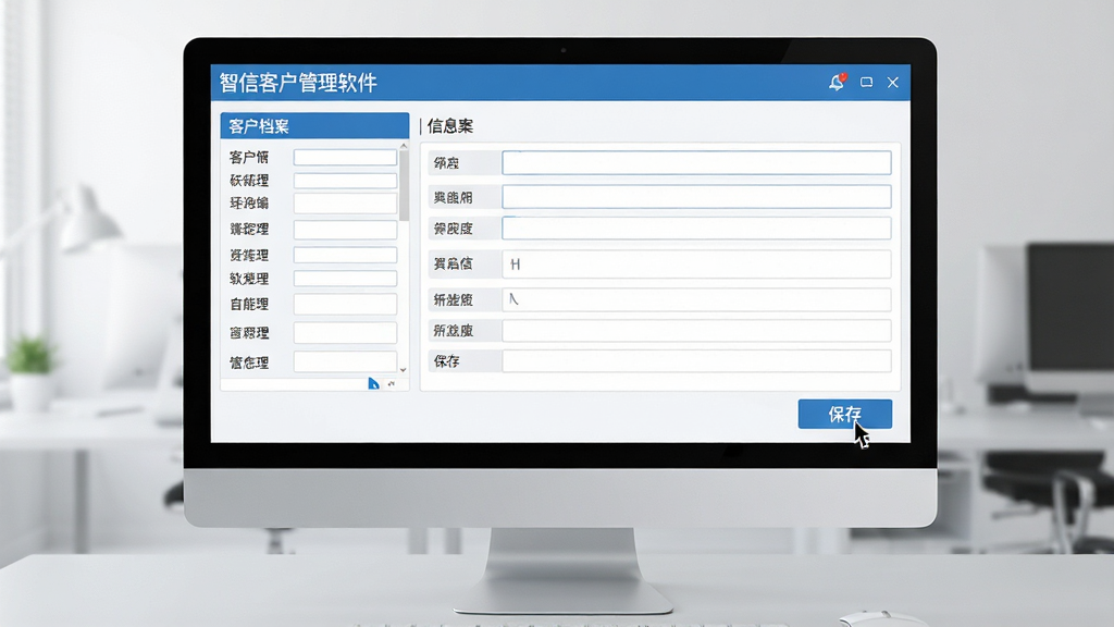 主体:电脑屏幕上展示“智信客户管理软件”的客户档案编辑界面,包含多个输入框和保存按钮。布局:屏幕居中,背景为浅灰色办公桌面,鼠标指针悬停在“保存”按钮上。排版:界面布局整齐,左侧为字段列表,右侧为详细信息区域。风格:扁平化设计,色彩以蓝白为主,干净专业。画质:高清,细节清晰,无多余元素。