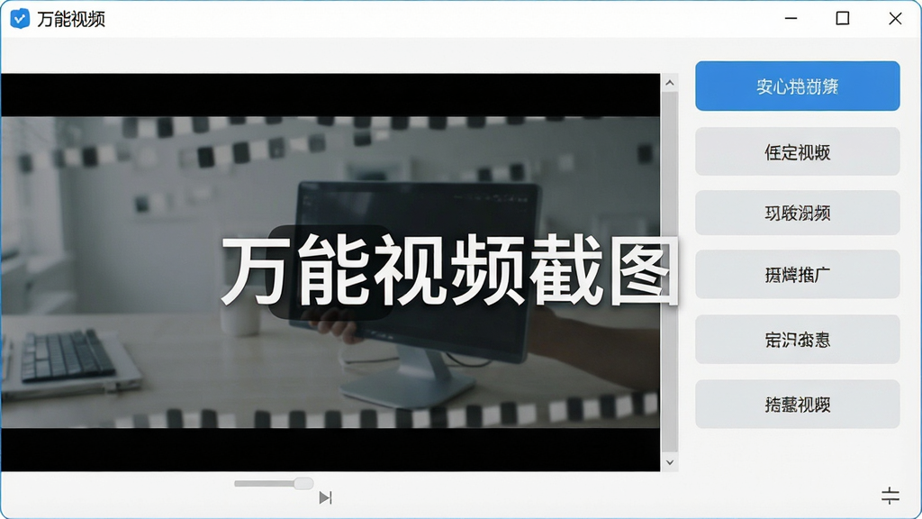 一张展示万能视频截图软件主界面的高清图片,界面简洁明亮,左侧为视频预览区,右侧为功能按钮区,中央显示“万能视频截图”软件名称,整体风格现代科技感,布局清晰,排版整洁,细节丰富,画质清晰,干净无多余元素