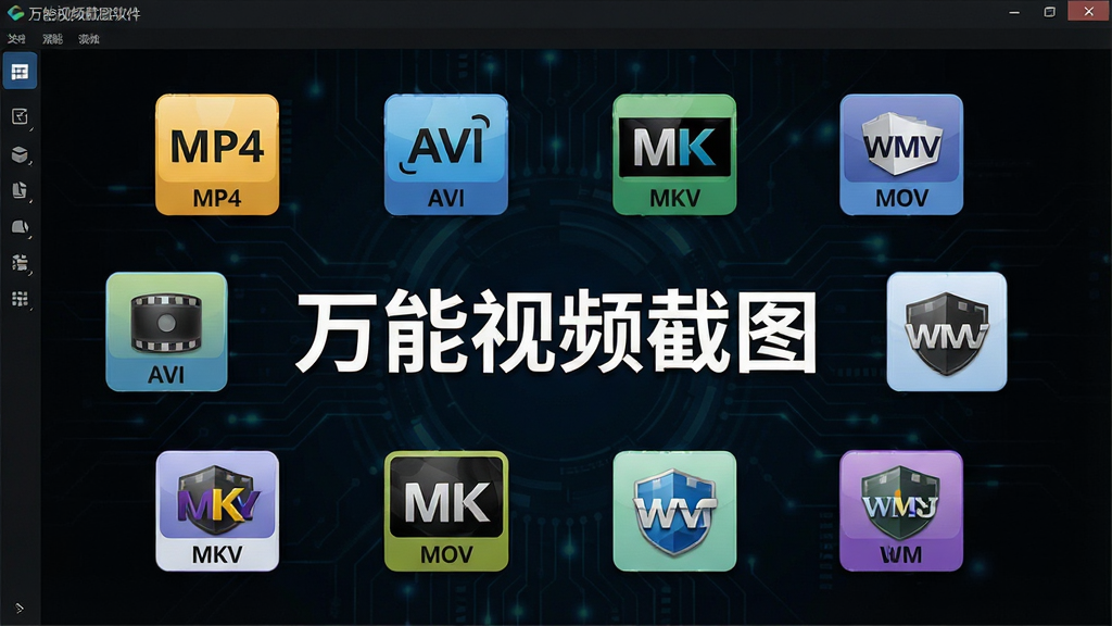 一张展示万能视频截图软件支持多种视频格式的界面预览图,画面中排列着MP4、AVI、MKV、MOV、WMV等格式图标,背景为深色科技感风格,图标环绕“万能视频截图”文字,布局规整,排版清晰,细节丰富,画质干净无多余元素