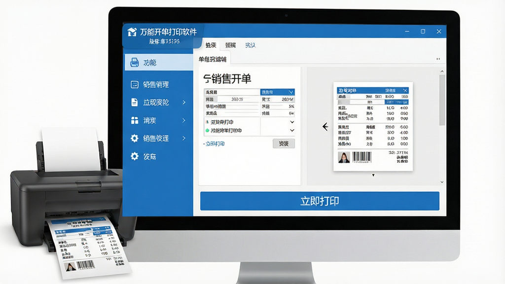 主体:万能开单打印软件在电脑屏幕上运行,界面清晰展示销售开单模板与打印预览效果。布局:左侧为功能导航栏,右侧为单据编辑区,底部有醒目的“立即打印”按钮。排版:界面简洁有序,功能分区明确,色彩搭配专业蓝白基调。风格:现代商务风格,图标精致,界面明亮干净。细节:屏幕中显示“万能开单打印软件”名称与版本号,打印机正在输出一张带有商品明细的送货单。画质:高清渲染,细节清晰,画面干净无多余元素。