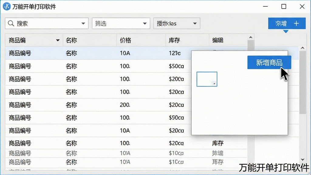 主体:万能开单打印软件的商品管理界面,展示商品列表与编辑弹窗。布局:主界面为商品数据表格,上方为搜索与筛选工具栏,右侧悬浮“新增商品”按钮。排版:表格行距适中,字段齐全,包括商品编号、名称、价格、库存。风格:清爽简洁的UI设计,浅灰底色配蓝色高亮。细节:鼠标光标停留在“新增商品”按钮上,屏幕角落显示“万能开单打印软件”水印。画质:高清界面截图风格,细节丰富,画面干净无多余元素。