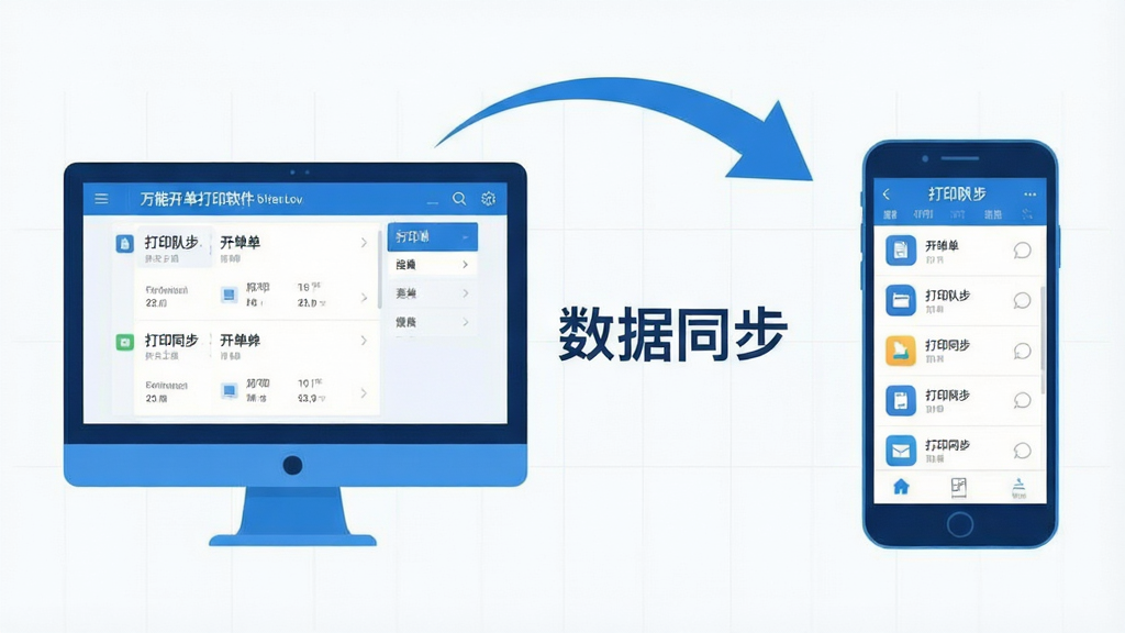 主体:万能开单打印软件在安卓手机与电脑间数据同步的示意图。布局:左侧为电脑屏幕,右侧为手机界面,两者间用弧形箭头连接,中心标有“数据同步”字样。排版:左右对称,图标简洁,突出多端协同概念。风格:科技感蓝色调,扁平化插画风格。细节:手机屏幕显示开单列表,电脑屏幕显示打印队列,背景有淡淡的网格线。画质:高清矢量风格,干净无多余元素。
