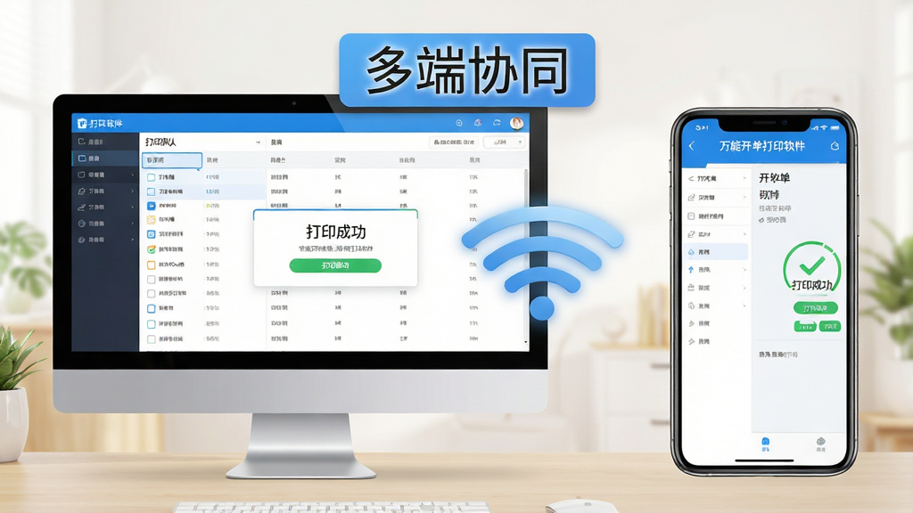 主体:电脑与手机并排展示万能开单打印软件的操作界面,突出跨平台使用。布局:左侧电脑屏幕显示打印队列,右侧手机屏幕显示开单页面,中间有Wi-Fi信号图标连接。排版:左右对称,视觉平衡,附有“多端协同”文字标注。风格:写实与扁平结合,色彩明亮。细节:手机端显示“万能开单打印软件”主界面,电脑端显示“打印成功”提示。画质:高清渲染,干净无多余元素。