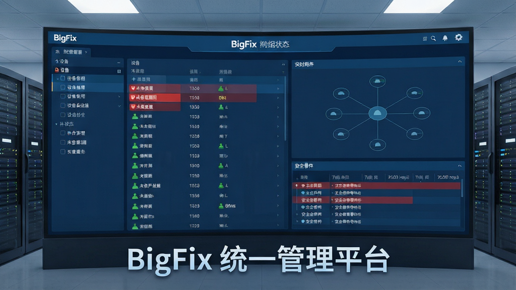 主体为BigFix软件管理界面在大型数据中心大屏幕上的展示,布局为中央控制台面板,左侧列表显示设备分组与补丁状态,右侧展示实时网络拓扑图与安全事件时间线,排版采用深蓝色科技感界面搭配浅色文字,风格为现代企业IT管理软件的扁平化设计,细节包括放大的红色未修复漏洞标记与绿色健康设备图标,画质清晰细腻,整体干净无多余元素,图片文字标注“BigFix 统一管理平台”。