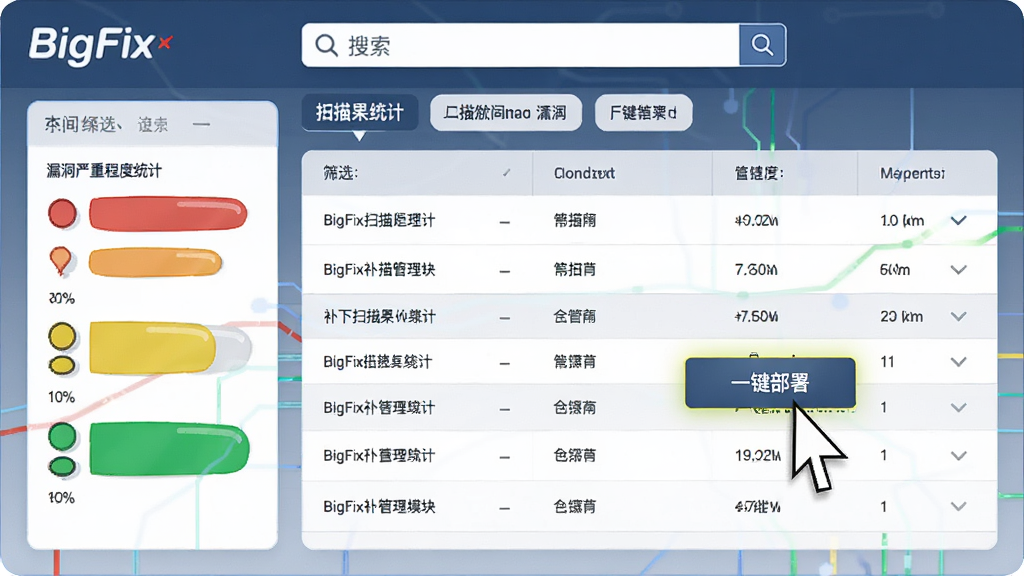 主体为BigFix补丁管理模块的操作界面截图风格插画,布局为中央显示补丁扫描结果列表,上方为搜索栏与筛选标签,左侧为漏洞严重程度统计图表(红黄绿三色),排版为清晰表格与卡片混合,风格为简洁的科技感矢量插画,细节包括鼠标指针指向“一键部署”按钮,按钮文字高亮,画质高清晰且无多余装饰元素。