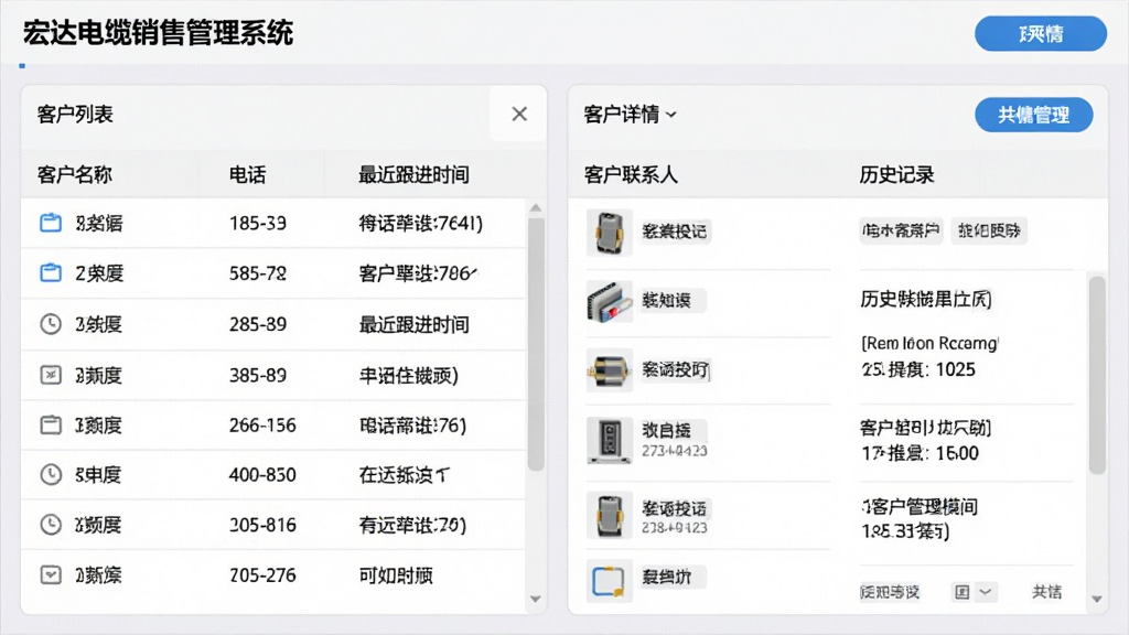 主体:宏达电缆销售管理系统中客户管理模块的界面预览。布局:左侧为客户列表,右侧为客户详情页,展示联系人与历史记录。排版:信息层级分明,表格与详情面板结合。风格:简洁明了,浅灰色背景搭配蓝色按钮。细节:客户名称、电话、最近跟进时间等字段清晰可见。画质:高清晰度,界面干净整洁。