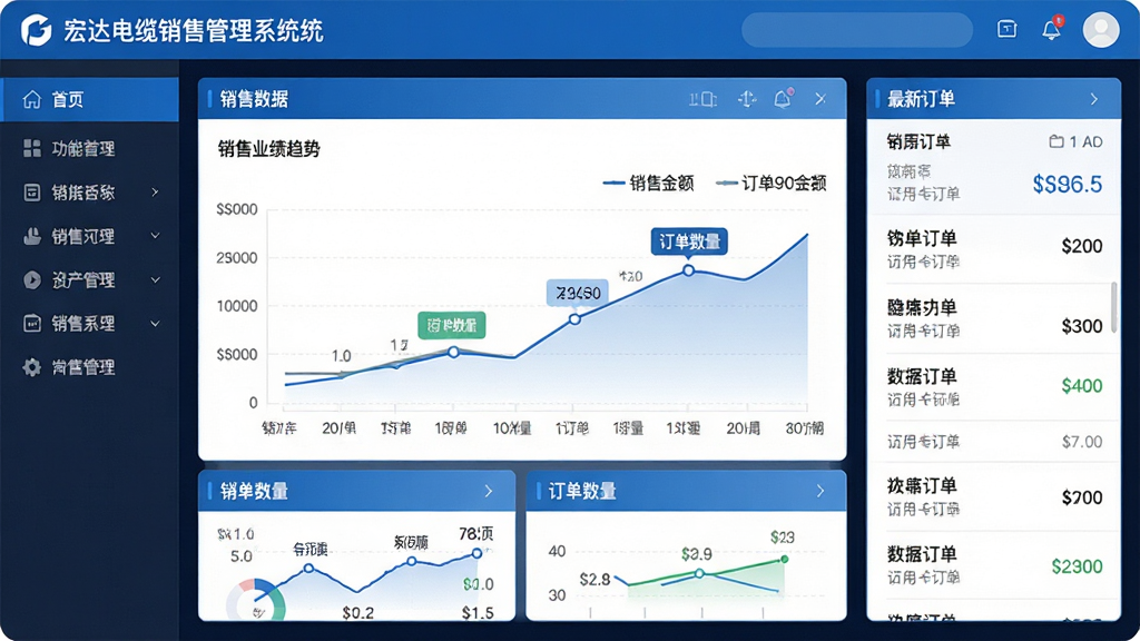 主体:宏达电缆销售管理系统的主界面截图,展示销售数据看板。布局:中央为销售业绩趋势图,左侧为功能菜单栏,右侧为最新订单列表。排版:清晰的卡片式布局,图表与列表错落有致。风格:现代商务风格,蓝色与白色为主色调。细节:图表中显示“销售金额”、“订单数量”等数据标签,界面整洁。画质:高清,干净,无多余元素。