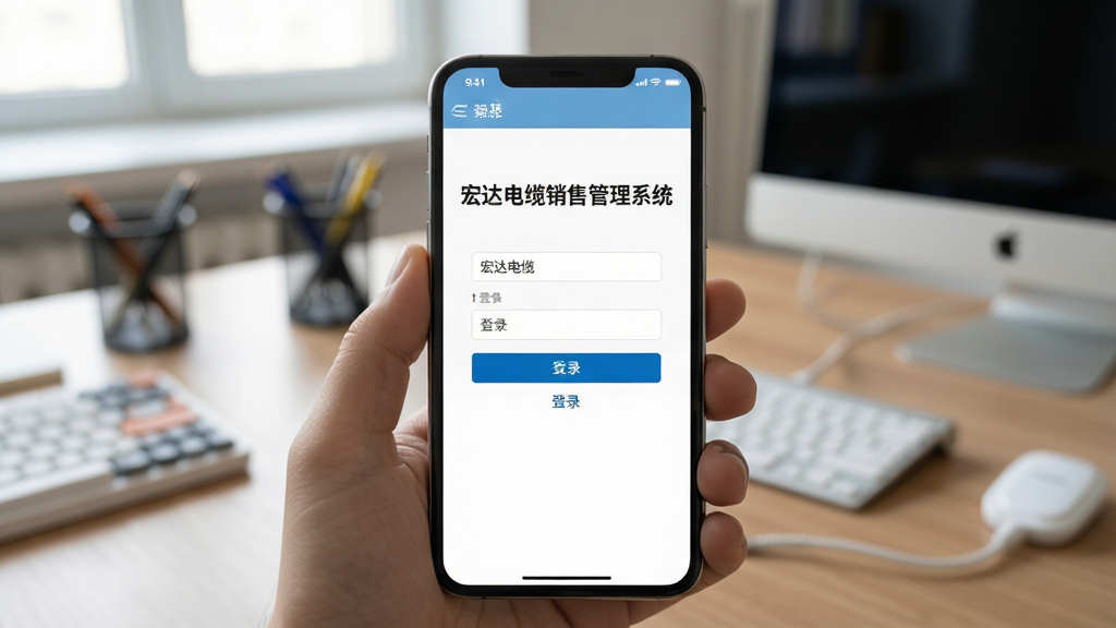 主体:宏达电缆销售管理系统在手机上的使用场景图。布局:手机屏幕显示系统登录界面,背景为办公桌面。排版:手机居中,屏幕内容清晰可辨。风格:写实摄影风格,自然光。细节:手机界面有“宏达电缆销售管理系统”字样和登录按钮。画质:高清,干净,无多余元素。