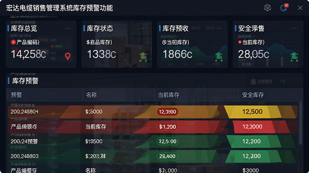 主体:宏达电缆销售管理系统库存预警功能截图。布局:上方为库存总览数据卡片,下方为库存预警列表。排版:数据卡片横向排列,预警列表以表格呈现。风格:数据可视化风格,红黄绿三色标识库存状态。细节:预警条目中显示产品编码、名称、当前库存与安全库存。画质:清晰,色彩协调,无多余元素。