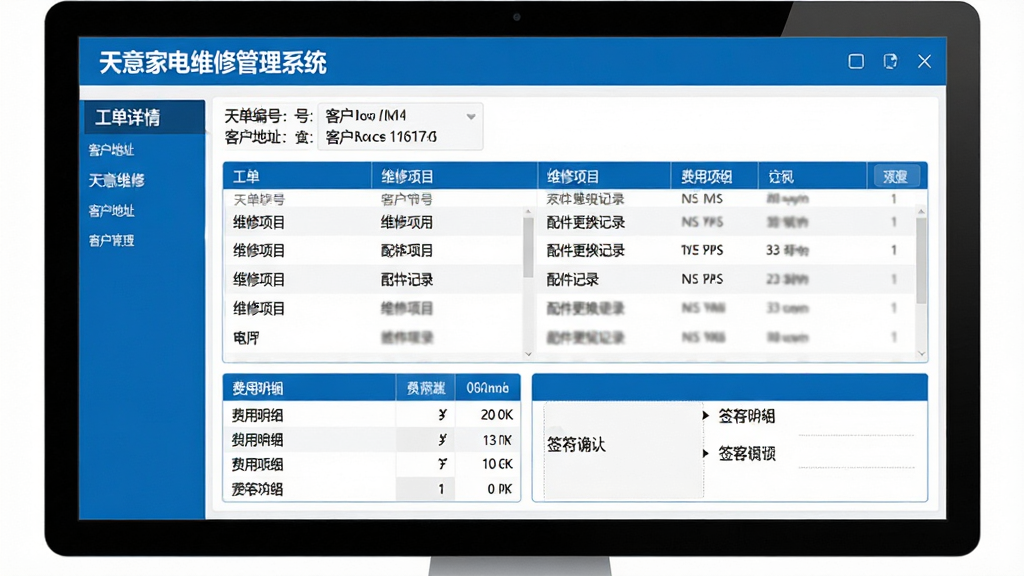 展示天意家电维修管理系统中的工单详情界面,上方为工单编号和客户地址,中部列出维修项目与配件更换记录,下方为费用明细和签字确认区域,界面为电脑屏幕显示,布局工整,蓝白风格,文字清晰标注“天意家电维修管理系统”,画面干净无多余元素,画质高清。