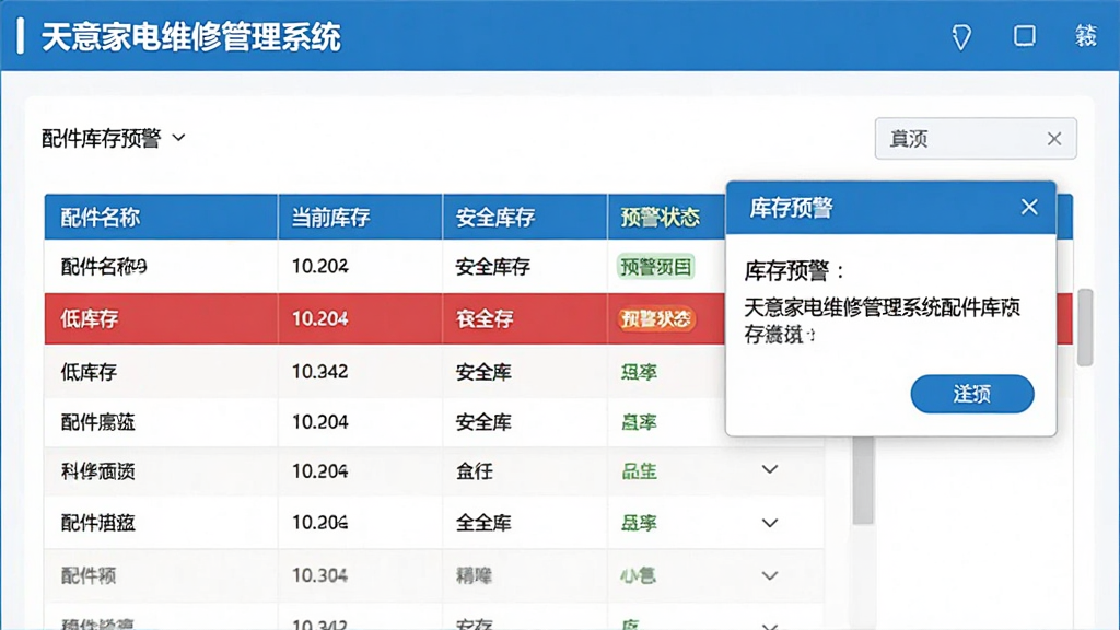 展示天意家电维修管理系统的配件库存预警页面,界面中有一个表格列出配件名称、当前库存、安全库存和预警状态,其中一行以红色高亮显示低库存,旁边有“库存预警”弹窗,整体为电脑软件截图风格,蓝白配色,干净整洁,画质高清。