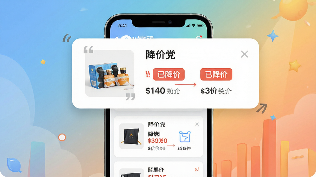 主体:手机屏幕显示购物党自动比价工具的降价提醒通知,通知卡片上有商品缩略图与“已降价”标签,背景为简洁的渐变色;布局:手机居中,通知放大展示;排版:纵向卡片式布局,重点信息加粗;风格:清新插画风结合UI界面;细节:通知上显示新价格与旧价格对比,文字“降价提醒”用引号标出;画质:高清,干净,无多余元素