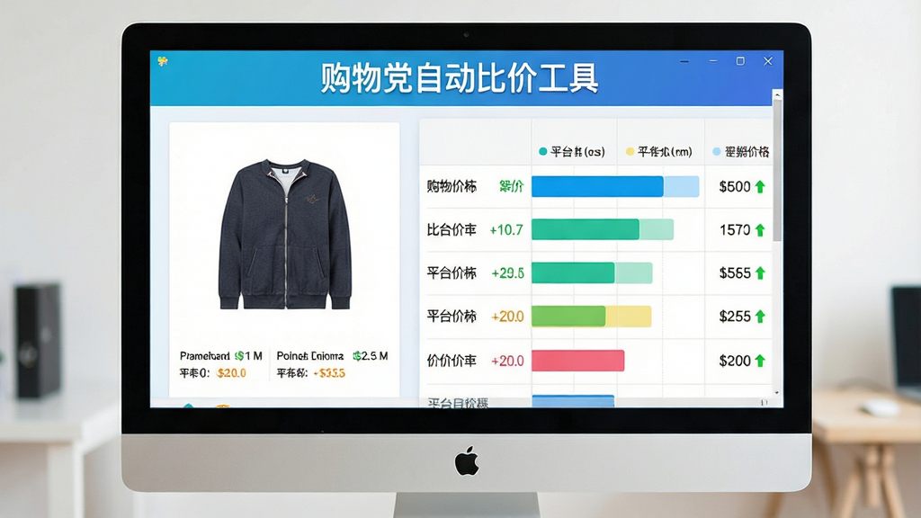 主体:购物党自动比价工具在电脑屏幕上显示的比价结果界面,左侧是商品图片,右侧是各平台价格对比条形图,顶部有软件名称“购物党自动比价工具”字样;布局:居中构图,界面清晰,比例协调;排版:简洁的桌面软件截图风格,信息层级分明;风格:写实科技感,色彩明快;细节:价格数字清晰可见,绿色箭头表示降价;画质:高清,干净,无多余元素