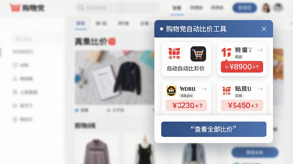 主体:购物党自动比价工具的比价浮窗特写,浮窗内展示多个电商平台图标与价格标签,背景为模糊的网购页面;布局:浮窗位于画面右侧,左侧留白突出主体;排版:卡片式信息排列,价格用红色突出;风格:现代扁平化结合微拟物;细节:浮窗底部有“查看全部比价”按钮,文字加引号;画质:超清,干净,无多余元素