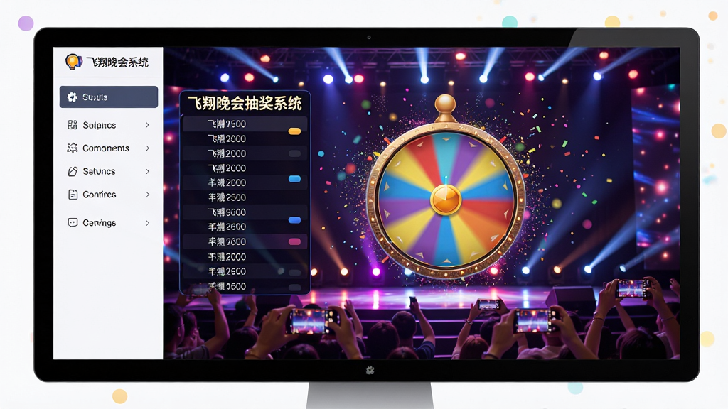 飞翔晚会抽奖系统整体界面展示图,主体为电脑屏幕中的抽奖转盘与滚动名单,舞台背景灯光绚丽,台下观众举着手机欢呼,布局采用左右结构,左侧功能菜单右侧大屏预览,排版简洁大气,风格写实明亮,细节包括彩色粒子特效与“飞翔晚会抽奖系统”字样,画质高清干净无多余元素