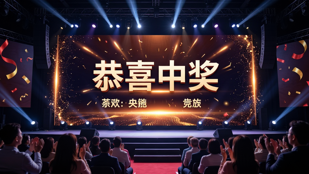 飞翔晚会抽奖系统大屏投放效果图,主体为舞台中央巨型LED屏幕显示中奖者姓名与炫光特效,台下观众鼓掌,布局广角透视,排版呈现“恭喜中奖”大字,风格科技感与喜庆结合,细节包括屏幕边缘的粒子光效与舞台灯光,画质超清干净无多余元素