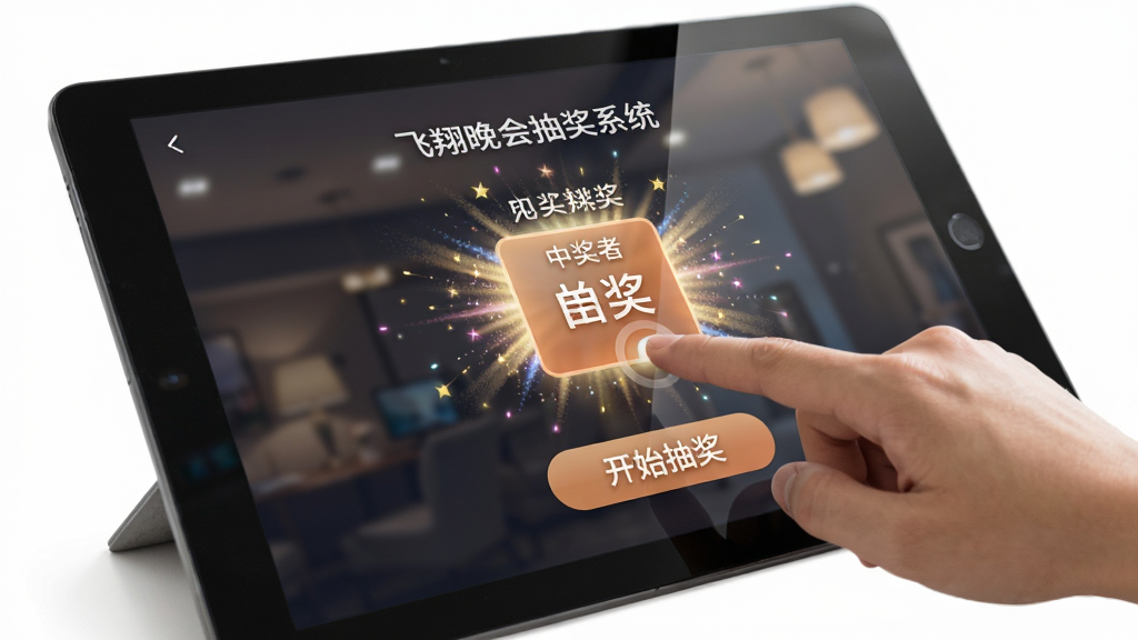 飞翔晚会抽奖系统在触屏设备上操作的特写,主体为手指点击屏幕上的抽奖按钮,界面清晰显示中奖者姓名与璀璨光效,布局采用平视角度,排版有“开始抽奖”按钮,风格现代简洁,细节包括屏幕反射的室内灯光,画质干净专业无多余元素