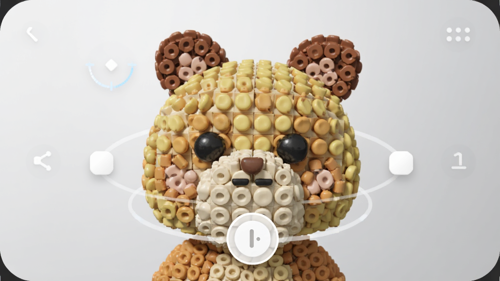 光豆社App的3D预览功能特写,画面中央是一个由虚拟拼豆构成的立体卡通动物模型,带有可旋转操作界面,背景为浅灰色渐变,突显豆子颗粒质感,界面带有柔光效果,风格简约现代,干净无多余元素,画质清晰