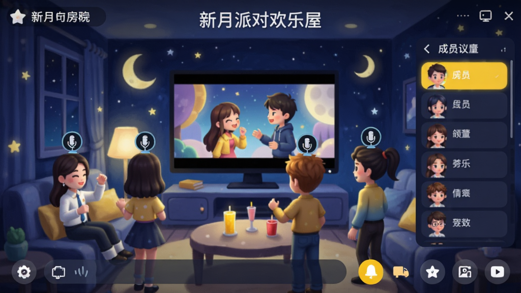 ���壺�����ɶ�˽�˷��䳡������������ʾ��������ɫ�ڻ��������֣����䱳��Ϊ�ǿ���ҹ���⣬�������������Ƶ����Ա�б������Ҳࣻ�Ű棺������ʾ�������ơ������ɶԻ����ݡ����ײ�Ϊ�����빦�ܲ˵�������λ��ǿղ廭�磬ɫ�������������ƣ�ϸ�ڣ���ɫͷ������˷��ʶ����Ļ�в��Ŷ�������Χ��ܰ�����ʣ�������ͣ��޶���Ԫ�ء�