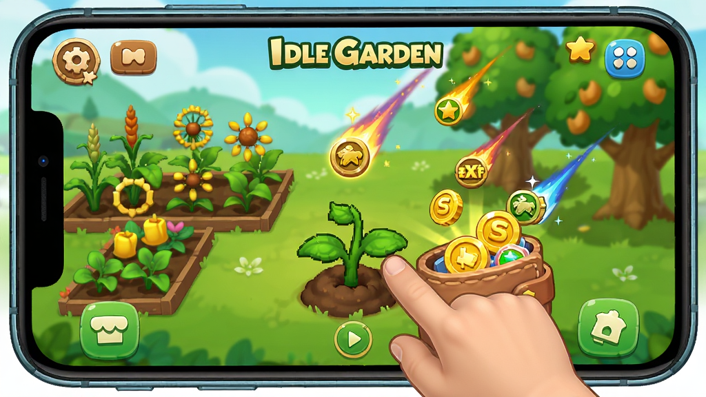 һ����Idle Garden����Ϸ��ɫ��ͼ������չʾһλ������ֻ���Ļ�������ֲ����԰�н���뾭��ֵͼ�������ǰ����Ǯ���������������де����������������������ͨ��UIԪ����������ͼ���������ʸɾ����޶���Ԫ�ء�