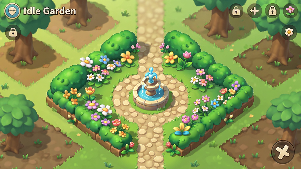 һ��չʾ��Idle Garden����Ϸ����ȫò�Ŀ������ֲ廭������������һ�����������Ŀ�ͨ���԰������ʢ���ĸ�ɫ�ʻ������̵Ĺ�ľ�ԡ����ѵ���ʯС����һ��С�ɵ���Ȫ����԰��Χ�����Ŵ������Ļĵ���������ľ���������������͵�ɫ�ʣ�UI��������ˬ�����Ϊ����ϵ������������ͼ�����־��⣬ϸ�ڷḻ�������������ɾ��޶���Ԫ�ء�