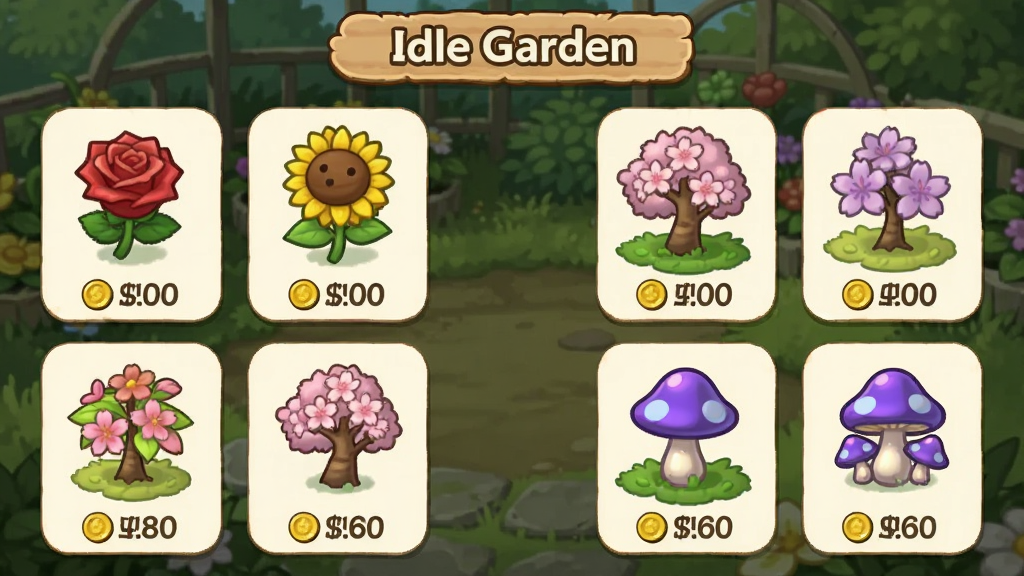 һ�š�Idle Garden��ֲ��ͼ�������ͼ���廭��������Բ�ǿ�Ƭ��ʽ���и���ֲ��ͼ�꣬������õ�塢�����տ�����ɫӣ��������ɫħ��Ģ�����·���ע��Ҽ۸񣬱���Ϊ��԰ʵ�������������ɰ����������룬���ʸɾ����޶���Ԫ�ء�