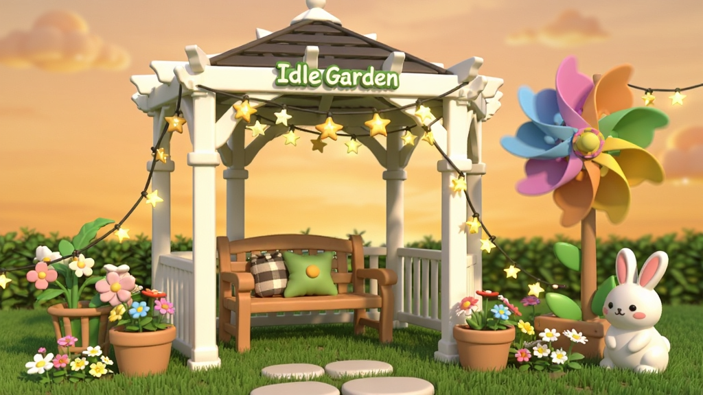 һ����Idle Garden����԰װ��Ч��ͼ��������һ����ɫ��ͤ�°ڷ���ľ�ʳ��Σ��Ա�����ת�Ĳ�ɫ�糵����˸�����ǵƴ��Ϳɰ������ӵ��񣬵��������̲ݺͻ��䣬��������ɫ��ϼ�������ܰ��������ͼ��г��ϸ�ڷḻ�����ʸɾ���