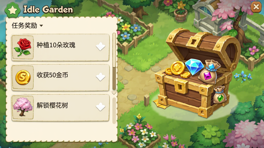 һ�š�Idle Garden������������廭���������Ϊ�����б���������ʾ����ֲ10��õ�塱���ջ�50��ҡ�������ӣ�������������Ҳ�Ϊ���佱��ͼ�꣬������ҡ���ʯ��ϡ�����Ӵ�������Ϊ��԰���ͼ��UI��࣬������������ͼ���������ʸɾ���