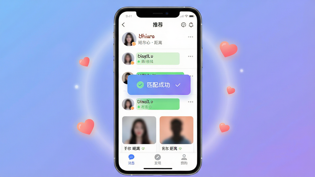 ���壺�����������棬չʾ�ֻ���Ļ�ϵ������б���ƥ���Ƽ���Ƭ�����֣��ֻ����У���Ļ���������ɼ�������Ϊ��͵Ľ�������ɫ����Χ�е����Ĺ��κͰ���ͼ���׺���Ű棺�ֻ���Ļ����ʾ�û�ͷ���ǳơ����������״̬���ײ��С���Ϣ���������֡������ҵġ�����������ǩ������ִ���ƽ����ƣ�ɫ��������ܰ�������罻�������׺�����ϸ�ڣ���Ļ���С�ƥ��ɹ����ĵ�����ʾ��ͷ��Ϊģ����������ʵ�����Ӱ���ǳ�����ɰ������ʣ����壬�ɾ����޶���Ԫ�ء�