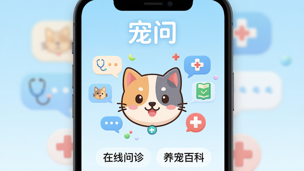 ���壺����App����չʾ������һֻ�ɰ��Ŀ�ͨè��ͷ����Χ�����ŶԻ����ݺ�ҽ��ʮ��ͼ�ꡣ���֣����й�ͼ������Ϊ��͵ĵ���ɫ���䡣�Ű棺�Ϸ���ʾ�����ʡ�����logo���·��г������������������ٿơ�����������񣺱�ƽ����ƣ�ɫ���������£�ϸ�ھ��¡����ʣ�������Ⱦ���ɾ����޶���Ԫ�ء�