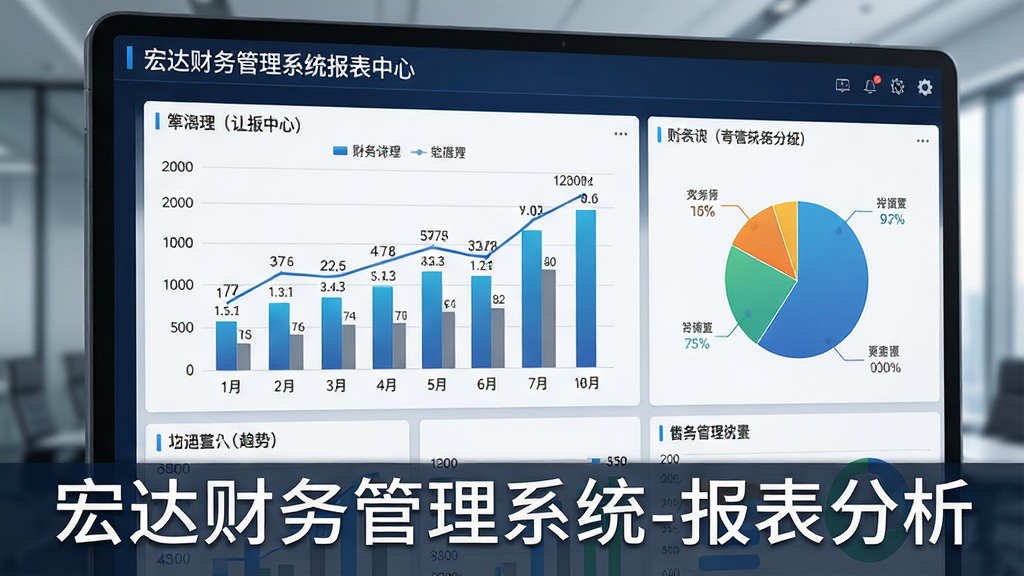 主体:宏达财务管理系统报表中心界面,包含各类图表如柱状图、饼图展示财务数据,界面布局大气,排版专业,风格商务科技感,细节包括数据标签和趋势线,画质高清,无多余元素,文字标注“宏达财务管理系统-报表分析”。