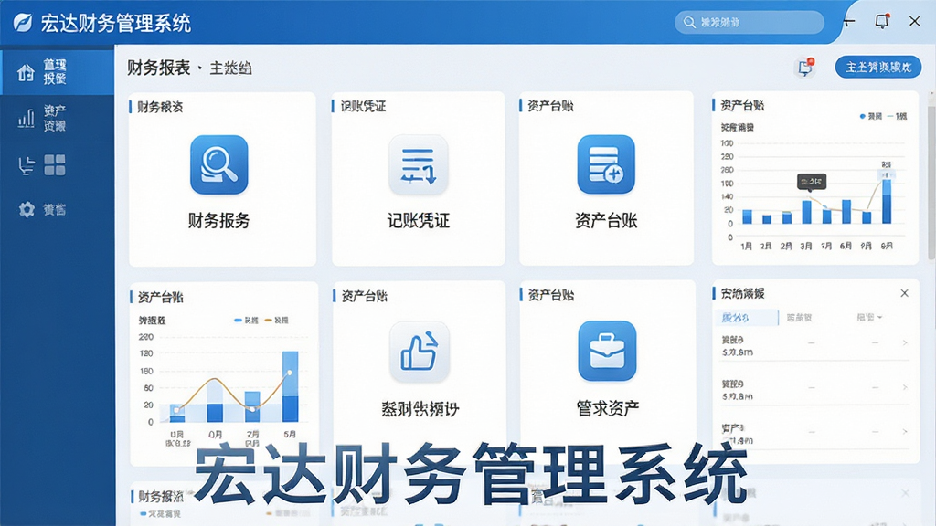 主体:宏达财务管理系统软件主界面展示,包含财务报表、记账凭证、资产台账等模块图标,界面风格简洁现代,主色调为蓝白色,布局整齐,排版清晰,风格商务专业,细节包括数据图表和功能导航栏,画质高清干净,无多余元素,界面文字标注“宏达财务管理系统”。