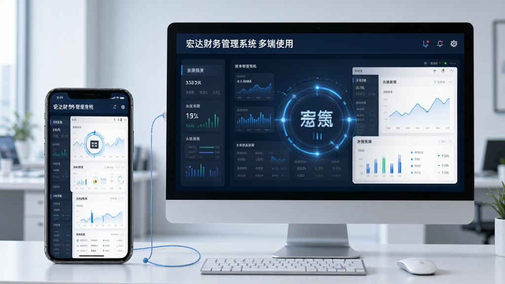 主体:宏达财务管理系统在电脑上运行画面,同时有一部手机与电脑屏幕联动显示相同界面,布局左右分布,风格科技现代,细节包括数据同步动画,画质高清,干净无多余元素,文字标注“宏达财务管理系统 多端使用”。